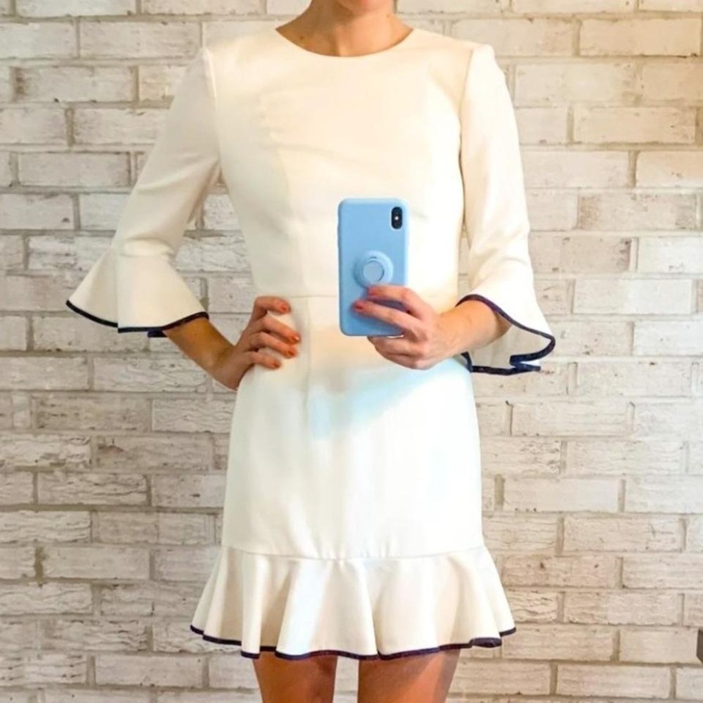 Black Halo Brooklyn Dress with Ruffle Bell Sleeves Flutter Porcelain White Navy - Picture 6 of 6
